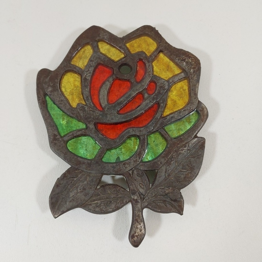 Vintage Rare Cast Iron‎ Rose Trivet Stained Glass Stand